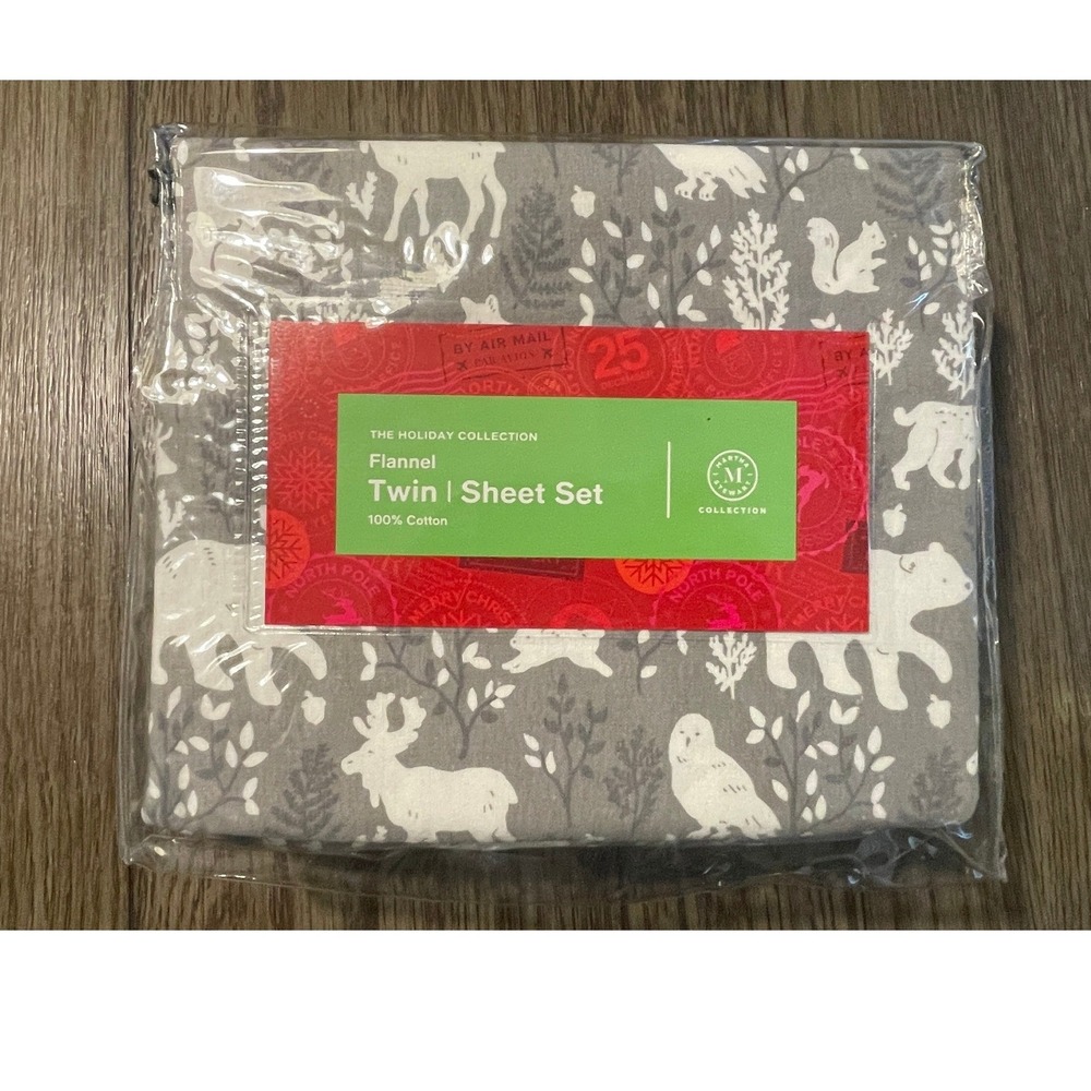 Martha Stewart Collection Flannel Sheet Set Twin Forest Friends Gray Cotton NEW